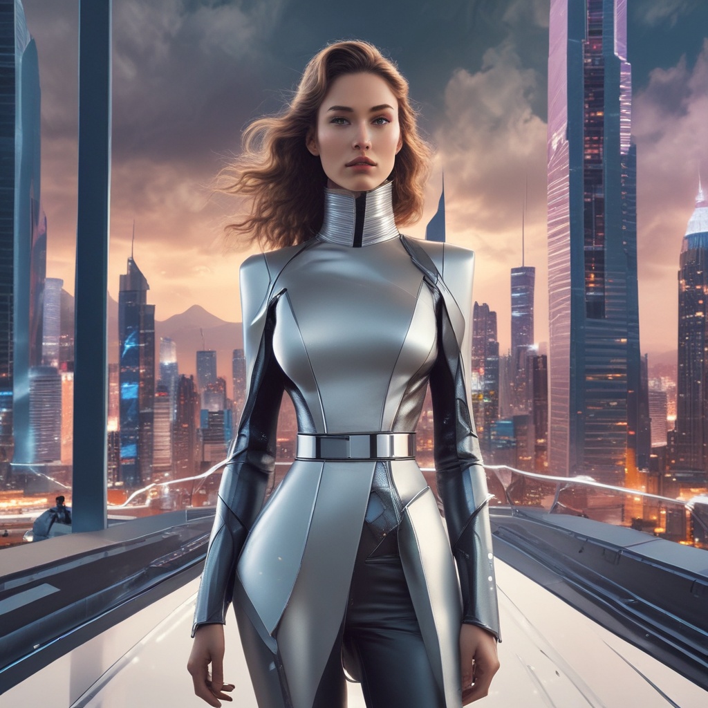 A futuristically dressed woman with a backdrop of a futuristic cityscape